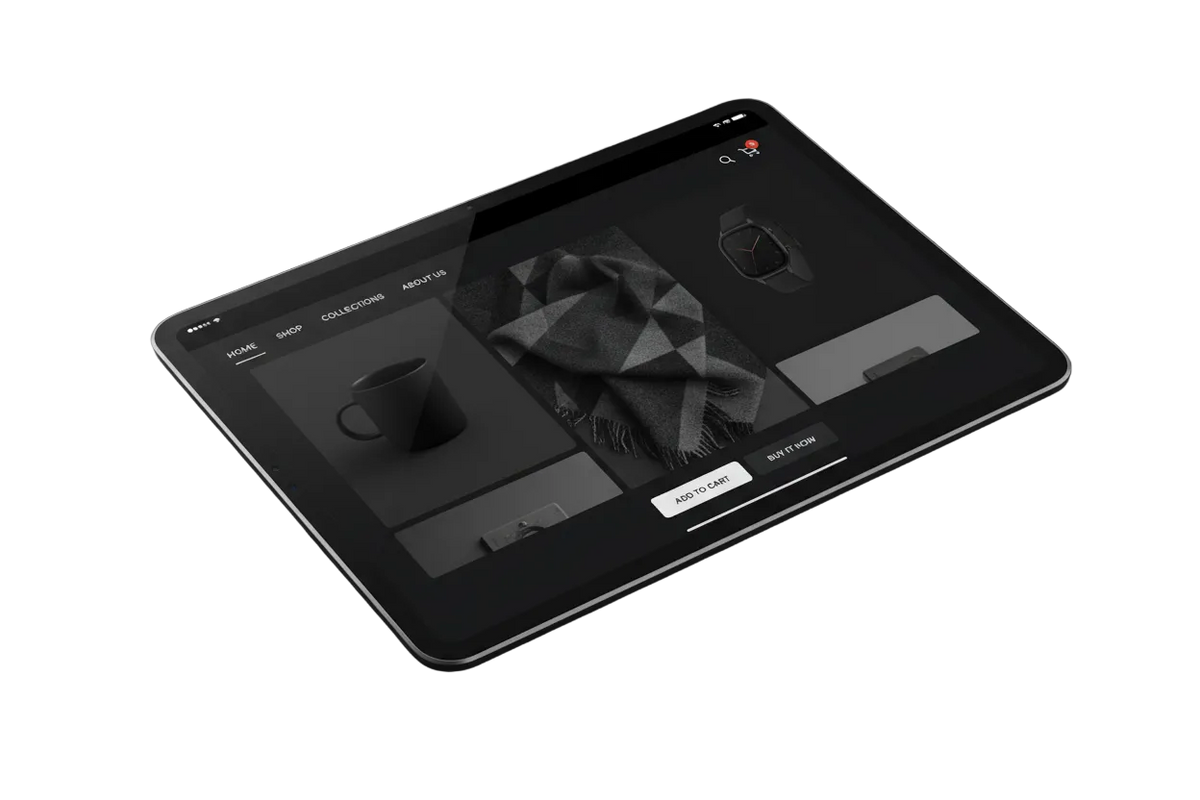 dark background and dark mode shopify ipad mockup of a website