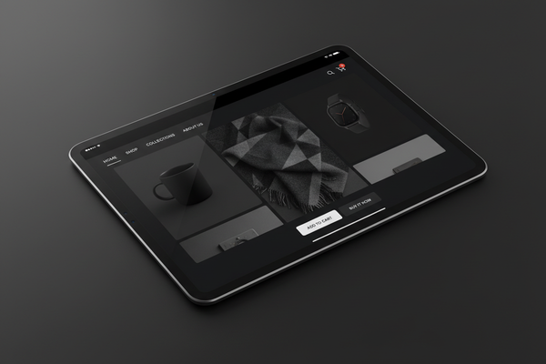 dark background and dark mode shopify ipad mockup of a website